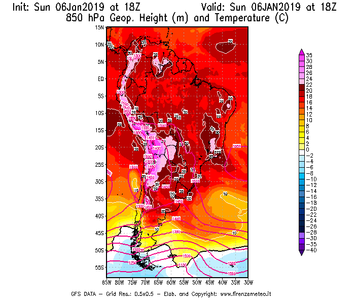 Mappa di analisi GFS - Geopotenziale [m] e Temperatura [°C] a 850 hPa in Sud-America
							del 06/01/2019 18 <!--googleoff: index-->UTC<!--googleon: index-->