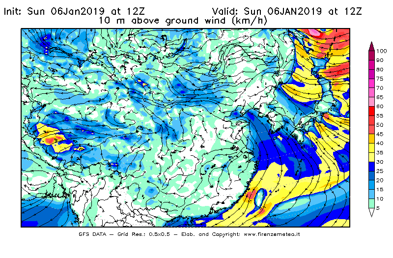 Mappa di analisi GFS - Velocità del vento a 10 metri dal suolo [km/h] in Asia Orientale
							del 06/01/2019 12 <!--googleoff: index-->UTC<!--googleon: index-->