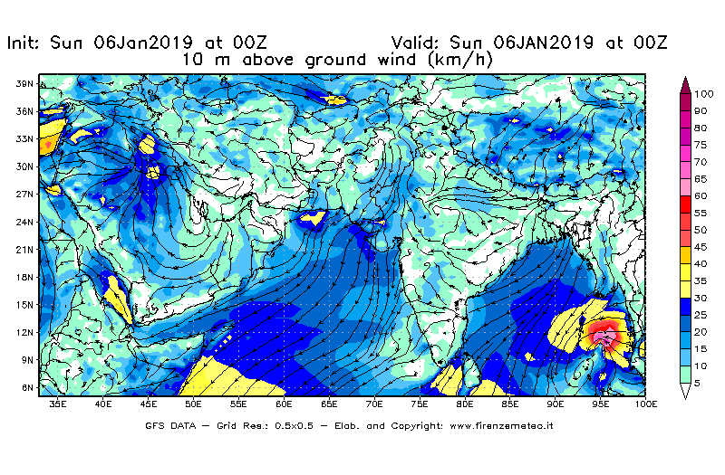 Mappa di analisi GFS - Velocità del vento a 10 metri dal suolo [km/h] in Asia Sud-Occidentale
							del 06/01/2019 00 <!--googleoff: index-->UTC<!--googleon: index-->