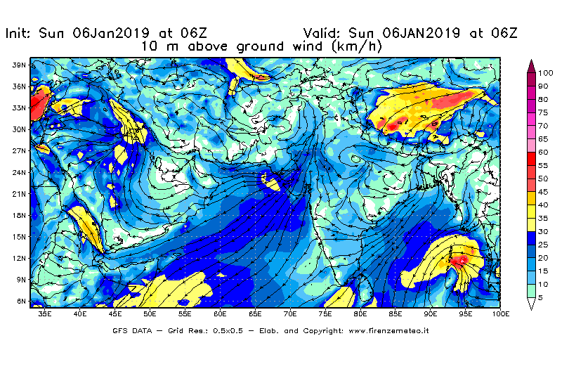 Mappa di analisi GFS - Velocità del vento a 10 metri dal suolo [km/h] in Asia Sud-Occidentale
							del 06/01/2019 06 <!--googleoff: index-->UTC<!--googleon: index-->