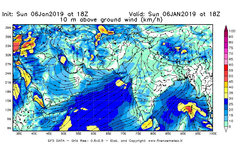 Mappa di analisi GFS - Velocità del vento a 10 metri dal suolo [km/h] in Asia Sud-Occidentale
							del 06/01/2019 18 <!--googleoff: index-->UTC<!--googleon: index-->