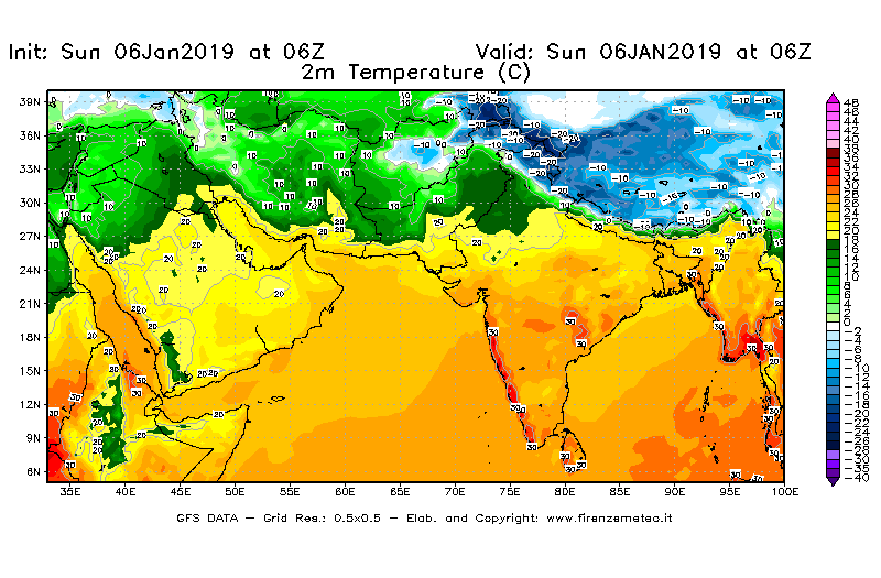 Mappa di analisi GFS - Temperatura a 2 metri dal suolo [°C] in Asia Sud-Occidentale
							del 06/01/2019 06 <!--googleoff: index-->UTC<!--googleon: index-->