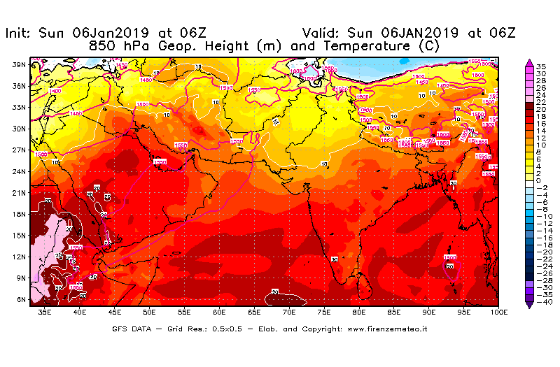Mappa di analisi GFS - Geopotenziale [m] e Temperatura [°C] a 850 hPa in Asia Sud-Occidentale
							del 06/01/2019 06 <!--googleoff: index-->UTC<!--googleon: index-->