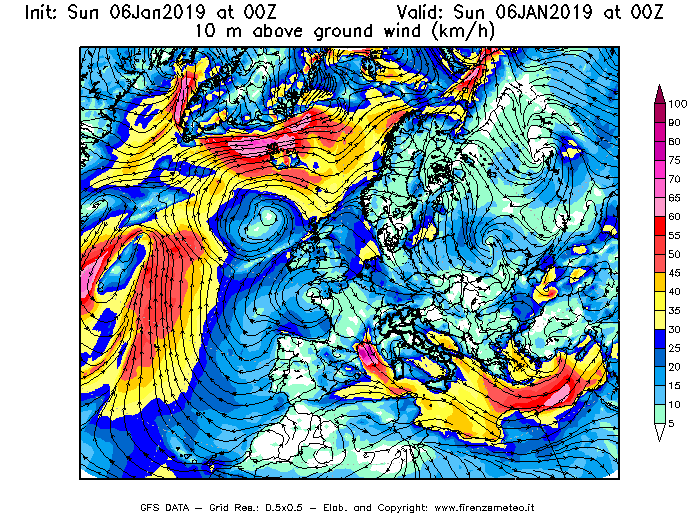 Mappa di analisi GFS - Velocità del vento a 10 metri dal suolo [km/h] in Europa
							del 06/01/2019 00 <!--googleoff: index-->UTC<!--googleon: index-->