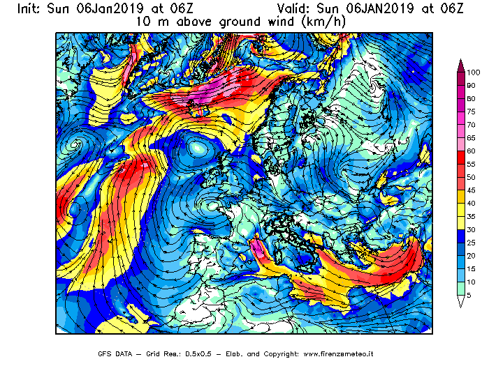 Mappa di analisi GFS - Velocità del vento a 10 metri dal suolo [km/h] in Europa
							del 06/01/2019 06 <!--googleoff: index-->UTC<!--googleon: index-->