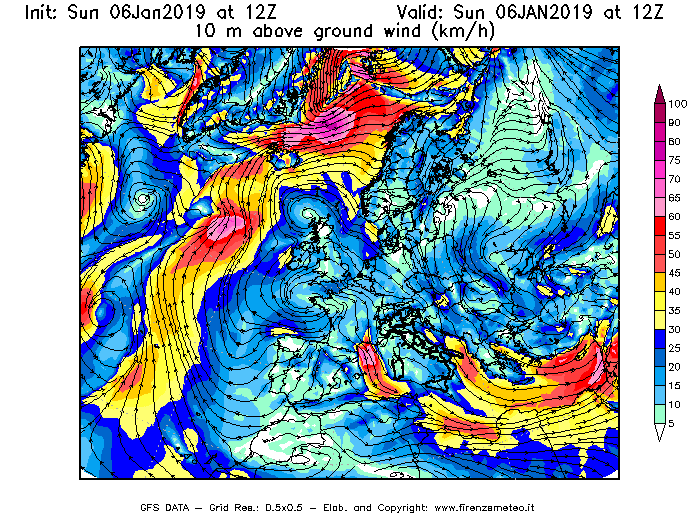 Mappa di analisi GFS - Velocità del vento a 10 metri dal suolo [km/h] in Europa
							del 06/01/2019 12 <!--googleoff: index-->UTC<!--googleon: index-->