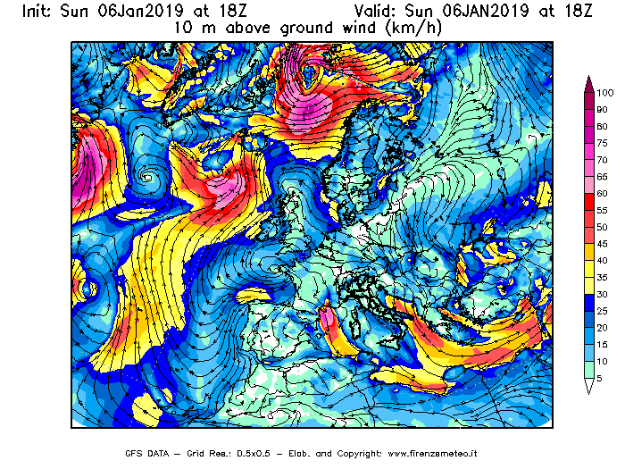 Mappa di analisi GFS - Velocità del vento a 10 metri dal suolo [km/h] in Europa
							del 06/01/2019 18 <!--googleoff: index-->UTC<!--googleon: index-->