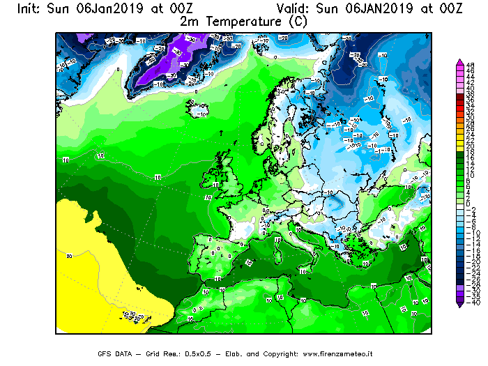 Mappa di analisi GFS - Temperatura a 2 metri dal suolo [°C] in Europa
							del 06/01/2019 00 <!--googleoff: index-->UTC<!--googleon: index-->