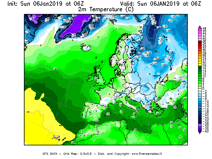 Mappa di analisi GFS - Temperatura a 2 metri dal suolo [°C] in Europa
							del 06/01/2019 06 <!--googleoff: index-->UTC<!--googleon: index-->