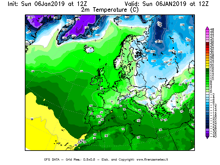Mappa di analisi GFS - Temperatura a 2 metri dal suolo [°C] in Europa
							del 06/01/2019 12 <!--googleoff: index-->UTC<!--googleon: index-->