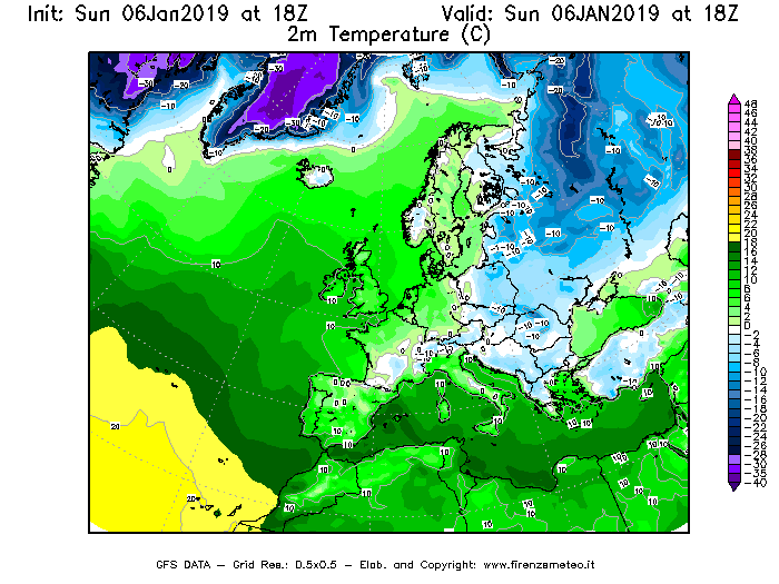 Mappa di analisi GFS - Temperatura a 2 metri dal suolo [°C] in Europa
							del 06/01/2019 18 <!--googleoff: index-->UTC<!--googleon: index-->