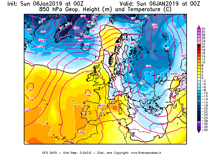 Mappa di analisi GFS - Geopotenziale [m] e Temperatura [°C] a 850 hPa in Europa
							del 06/01/2019 00 <!--googleoff: index-->UTC<!--googleon: index-->