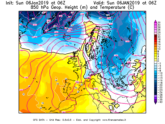 Mappa di analisi GFS - Geopotenziale [m] e Temperatura [°C] a 850 hPa in Europa
							del 06/01/2019 06 <!--googleoff: index-->UTC<!--googleon: index-->