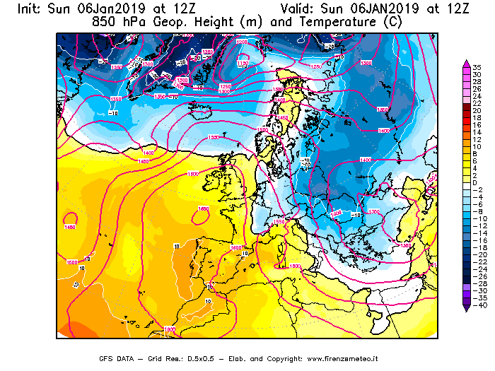 Mappa di analisi GFS - Geopotenziale [m] e Temperatura [°C] a 850 hPa in Europa
							del 06/01/2019 12 <!--googleoff: index-->UTC<!--googleon: index-->