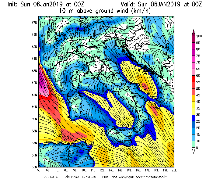Mappa di analisi GFS - Velocità del vento a 10 metri dal suolo [km/h] in Italia
							del 06/01/2019 00 <!--googleoff: index-->UTC<!--googleon: index-->