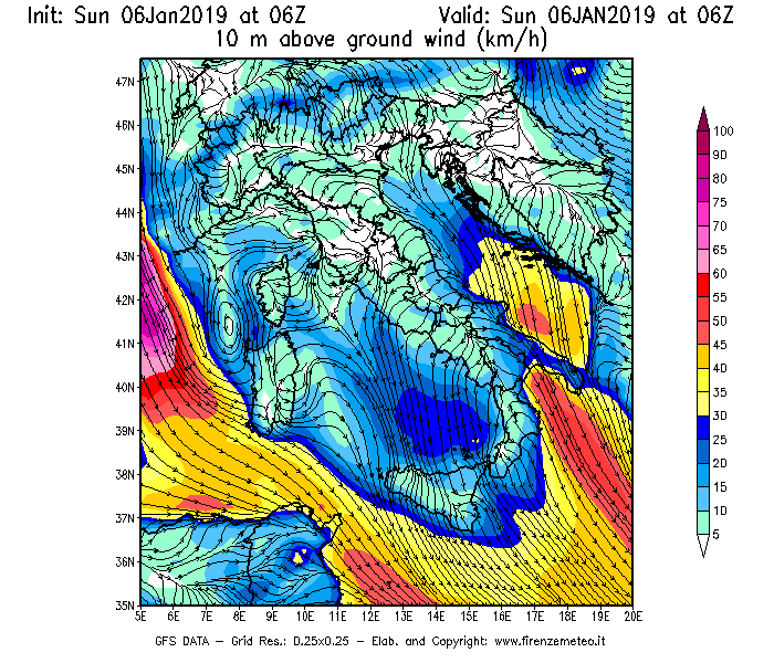 Mappa di analisi GFS - Velocità del vento a 10 metri dal suolo [km/h] in Italia
							del 06/01/2019 06 <!--googleoff: index-->UTC<!--googleon: index-->