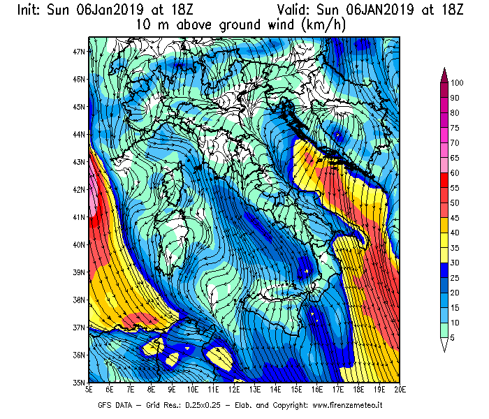 Mappa di analisi GFS - Velocità del vento a 10 metri dal suolo [km/h] in Italia
							del 06/01/2019 18 <!--googleoff: index-->UTC<!--googleon: index-->