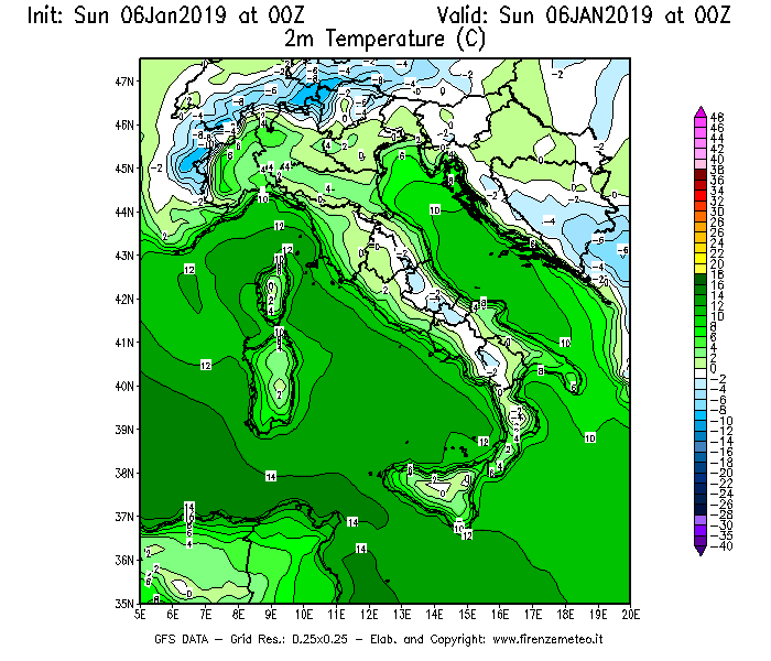 Mappa di analisi GFS - Temperatura a 2 metri dal suolo [°C] in Italia
							del 06/01/2019 00 <!--googleoff: index-->UTC<!--googleon: index-->