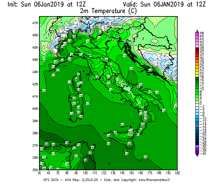 Mappa di analisi GFS - Temperatura a 2 metri dal suolo [°C] in Italia
							del 06/01/2019 12 <!--googleoff: index-->UTC<!--googleon: index-->