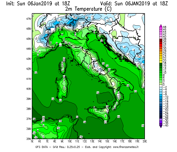 Mappa di analisi GFS - Temperatura a 2 metri dal suolo [°C] in Italia
							del 06/01/2019 18 <!--googleoff: index-->UTC<!--googleon: index-->