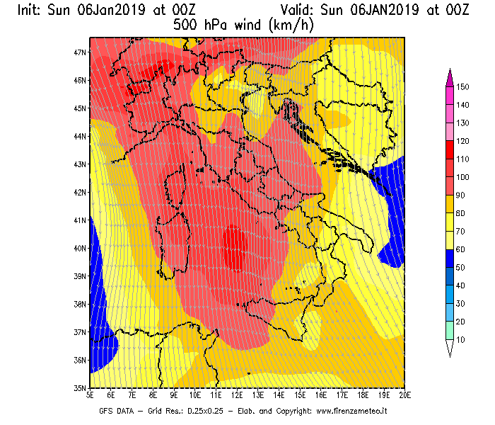 Mappa di analisi GFS - Velocità del vento a 500 hPa [km/h] in Italia
							del 06/01/2019 00 <!--googleoff: index-->UTC<!--googleon: index-->