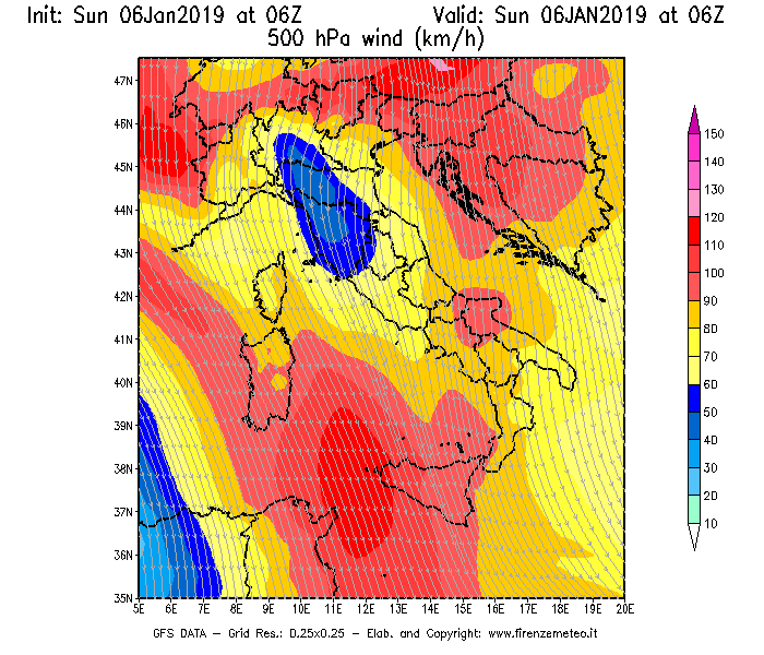 Mappa di analisi GFS - Velocità del vento a 500 hPa [km/h] in Italia
							del 06/01/2019 06 <!--googleoff: index-->UTC<!--googleon: index-->