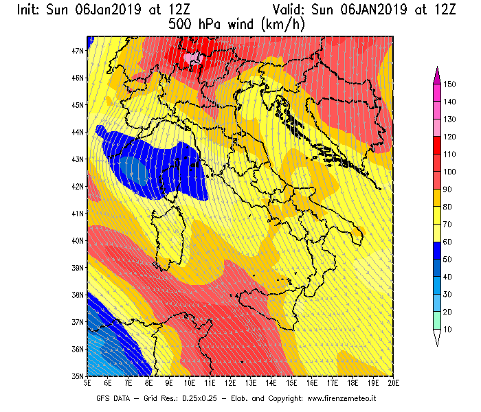 Mappa di analisi GFS - Velocità del vento a 500 hPa [km/h] in Italia
							del 06/01/2019 12 <!--googleoff: index-->UTC<!--googleon: index-->