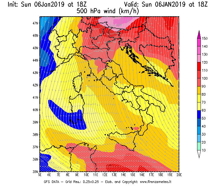 Mappa di analisi GFS - Velocità del vento a 500 hPa [km/h] in Italia
							del 06/01/2019 18 <!--googleoff: index-->UTC<!--googleon: index-->