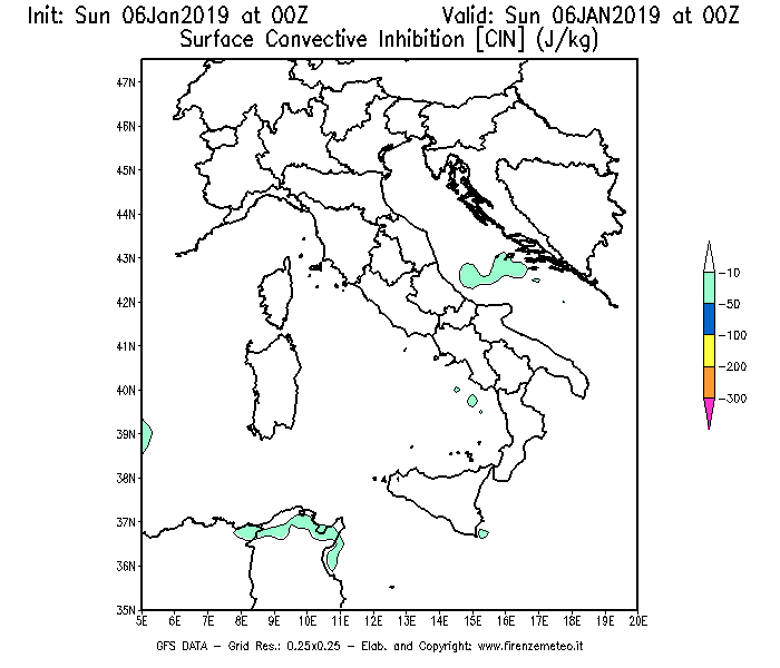 Mappa di analisi GFS - CIN [J/kg] in Italia
							del 06/01/2019 00 <!--googleoff: index-->UTC<!--googleon: index-->