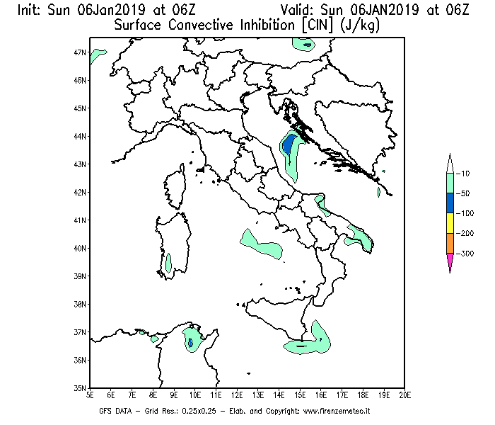 Mappa di analisi GFS - CIN [J/kg] in Italia
							del 06/01/2019 06 <!--googleoff: index-->UTC<!--googleon: index-->