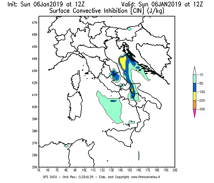 Mappa di analisi GFS - CIN [J/kg] in Italia
							del 06/01/2019 12 <!--googleoff: index-->UTC<!--googleon: index-->