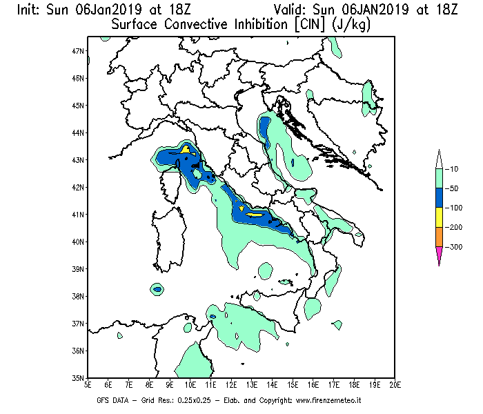 Mappa di analisi GFS - CIN [J/kg] in Italia
							del 06/01/2019 18 <!--googleoff: index-->UTC<!--googleon: index-->