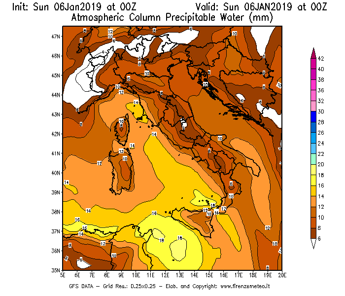 Mappa di analisi GFS - Precipitable Water [mm] in Italia
							del 06/01/2019 00 <!--googleoff: index-->UTC<!--googleon: index-->