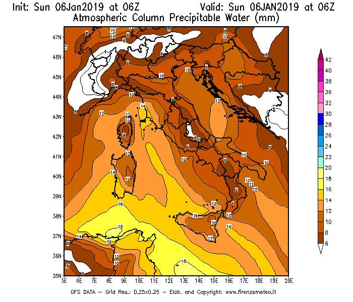 Mappa di analisi GFS - Precipitable Water [mm] in Italia
							del 06/01/2019 06 <!--googleoff: index-->UTC<!--googleon: index-->