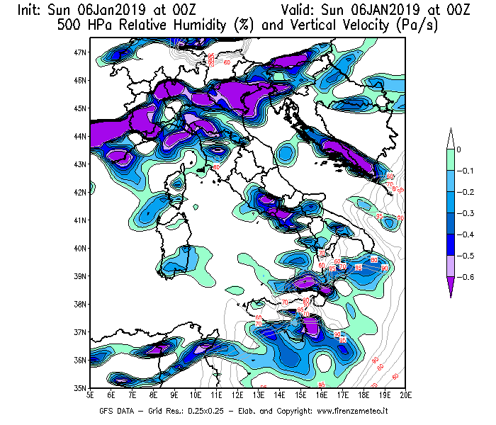 Mappa di analisi GFS - Umidità relativa [%] e Omega [Pa/s] a 500 hPa in Italia
							del 06/01/2019 00 <!--googleoff: index-->UTC<!--googleon: index-->