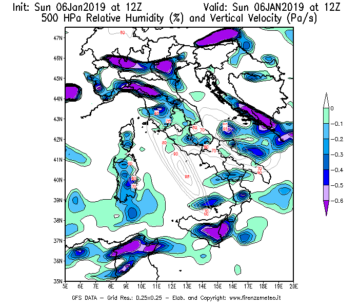 Mappa di analisi GFS - Umidità relativa [%] e Omega [Pa/s] a 500 hPa in Italia
							del 06/01/2019 12 <!--googleoff: index-->UTC<!--googleon: index-->