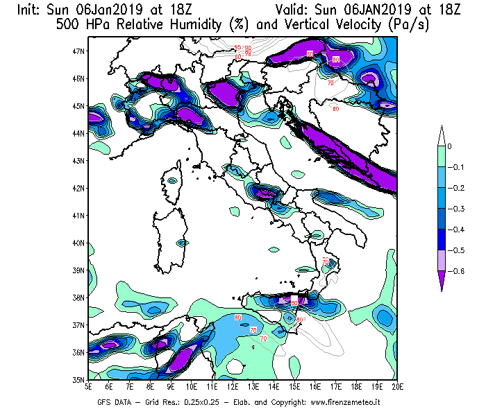 Mappa di analisi GFS - Umidità relativa [%] e Omega [Pa/s] a 500 hPa in Italia
							del 06/01/2019 18 <!--googleoff: index-->UTC<!--googleon: index-->