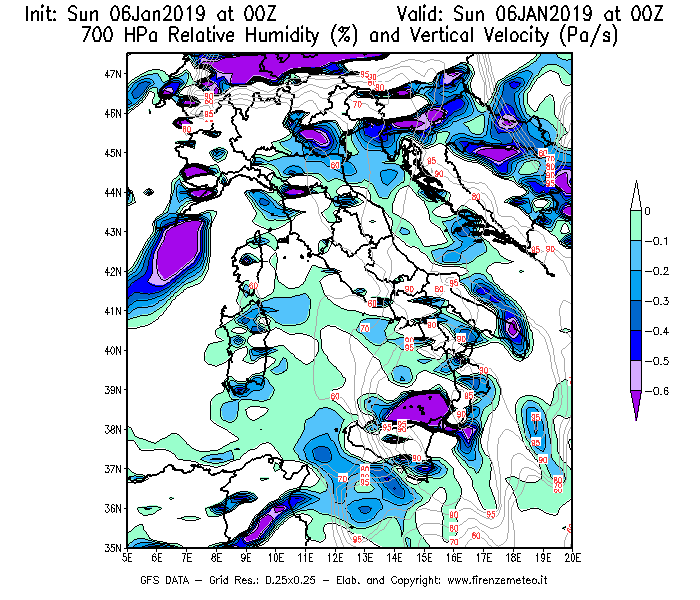 Mappa di analisi GFS - Umidità relativa [%] e Omega [Pa/s] a 700 hPa in Italia
							del 06/01/2019 00 <!--googleoff: index-->UTC<!--googleon: index-->