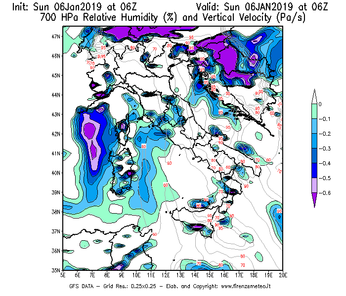Mappa di analisi GFS - Umidità relativa [%] e Omega [Pa/s] a 700 hPa in Italia
							del 06/01/2019 06 <!--googleoff: index-->UTC<!--googleon: index-->