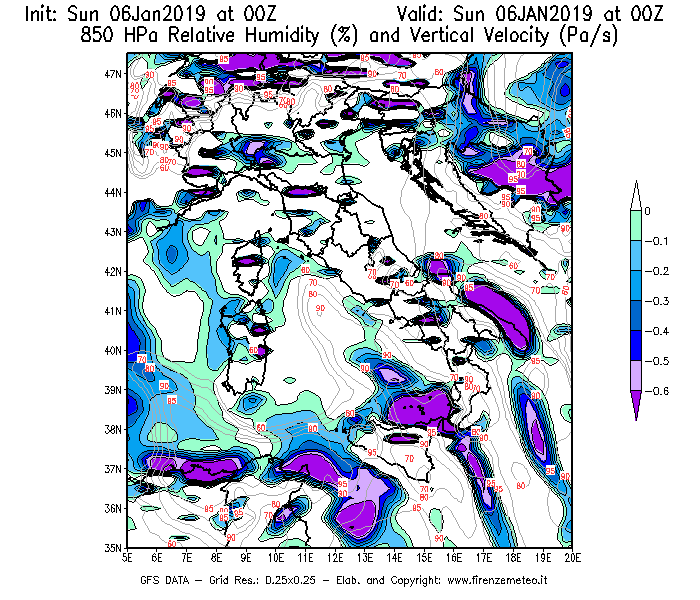 Mappa di analisi GFS - Umidità relativa [%] e Omega [Pa/s] a 850 hPa in Italia
							del 06/01/2019 00 <!--googleoff: index-->UTC<!--googleon: index-->