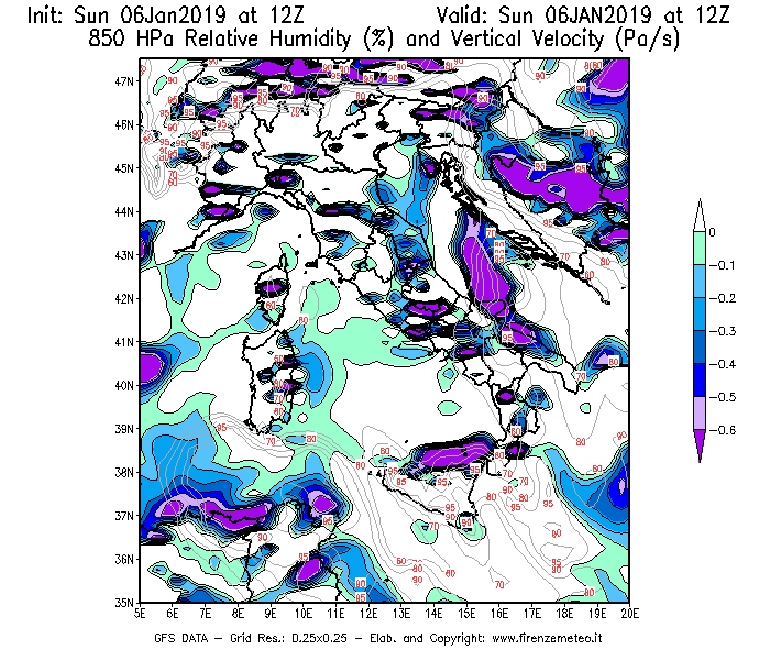 Mappa di analisi GFS - Umidità relativa [%] e Omega [Pa/s] a 850 hPa in Italia
							del 06/01/2019 12 <!--googleoff: index-->UTC<!--googleon: index-->