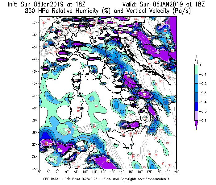 Mappa di analisi GFS - Umidità relativa [%] e Omega [Pa/s] a 850 hPa in Italia
							del 06/01/2019 18 <!--googleoff: index-->UTC<!--googleon: index-->