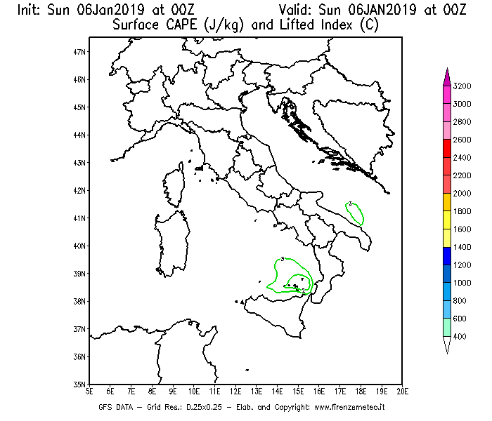 Mappa di analisi GFS - CAPE [J/kg] e Lifted Index [°C] in Italia
							del 06/01/2019 00 <!--googleoff: index-->UTC<!--googleon: index-->