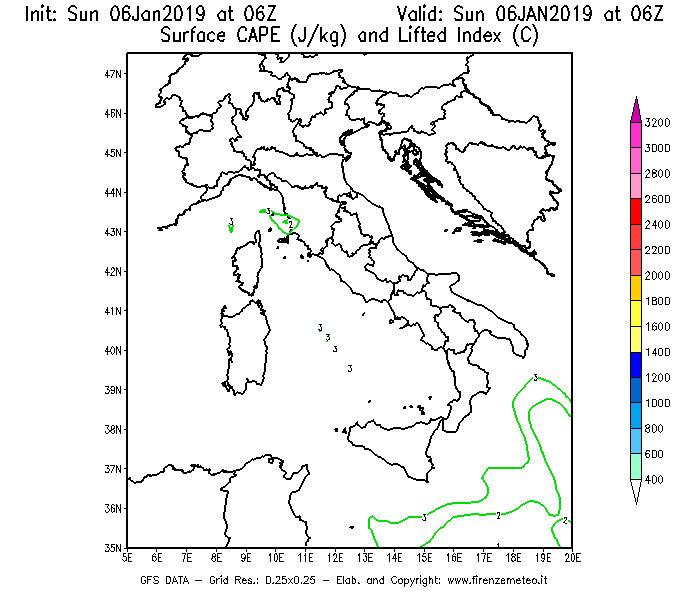 Mappa di analisi GFS - CAPE [J/kg] e Lifted Index [°C] in Italia
							del 06/01/2019 06 <!--googleoff: index-->UTC<!--googleon: index-->