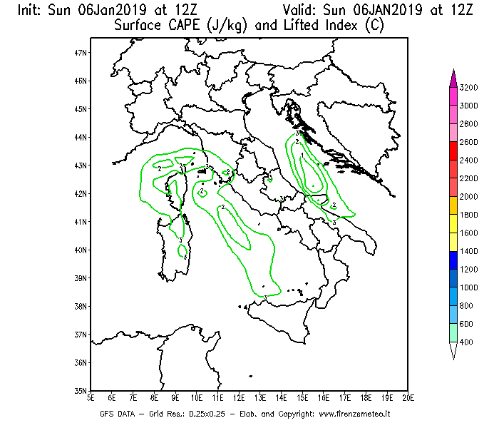 Mappa di analisi GFS - CAPE [J/kg] e Lifted Index [°C] in Italia
							del 06/01/2019 12 <!--googleoff: index-->UTC<!--googleon: index-->