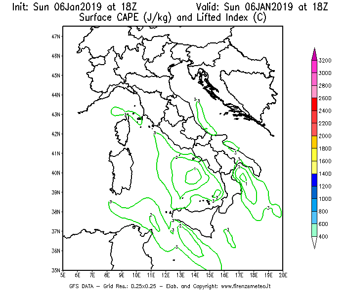 Mappa di analisi GFS - CAPE [J/kg] e Lifted Index [°C] in Italia
							del 06/01/2019 18 <!--googleoff: index-->UTC<!--googleon: index-->