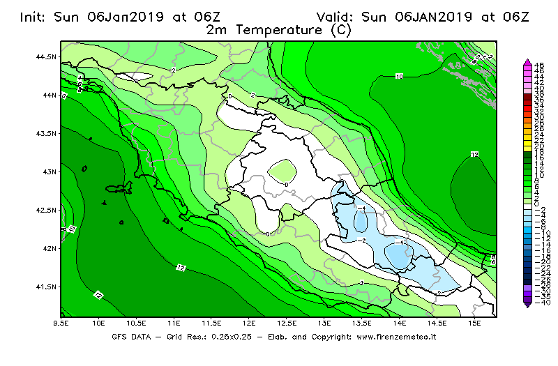 Mappa di analisi GFS - Temperatura a 2 metri dal suolo [°C] in Centro-Italia
							del 06/01/2019 06 <!--googleoff: index-->UTC<!--googleon: index-->