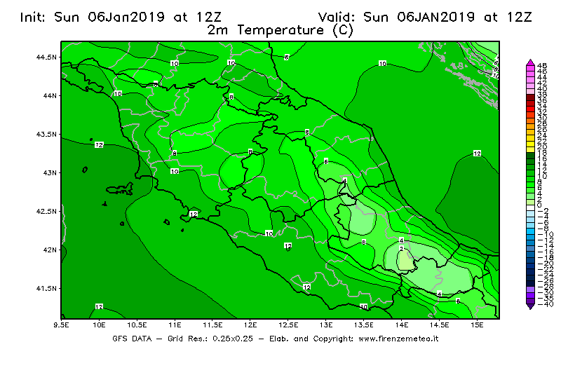 Mappa di analisi GFS - Temperatura a 2 metri dal suolo [°C] in Centro-Italia
							del 06/01/2019 12 <!--googleoff: index-->UTC<!--googleon: index-->