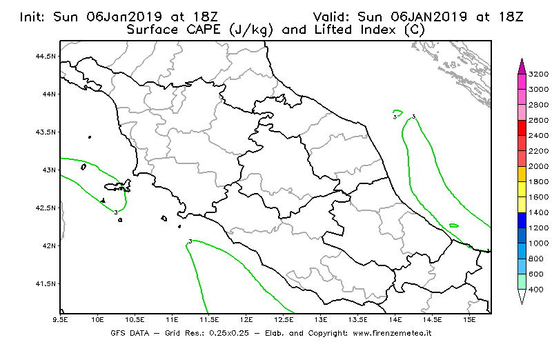 Mappa di analisi GFS - CAPE [J/kg] e Lifted Index [°C] in Centro-Italia
							del 06/01/2019 18 <!--googleoff: index-->UTC<!--googleon: index-->