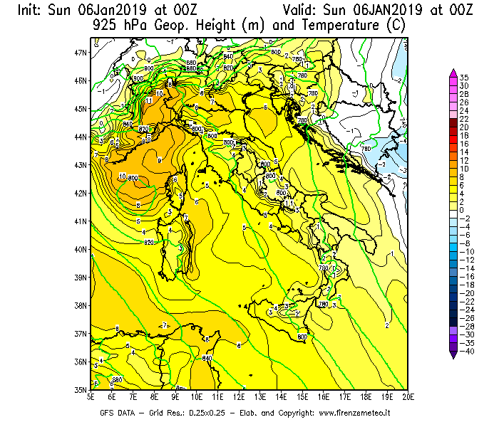 Mappa di analisi GFS - Geopotenziale [m] e Temperatura [°C] a 925 hPa in Italia
							del 06/01/2019 00 <!--googleoff: index-->UTC<!--googleon: index-->